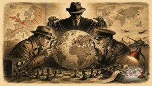 Σκιτσογραφία κατασκοπείας στον Β Παγκόσμιο Πόλεμο με χάρτη και χειραγώγηση πληροφοριών