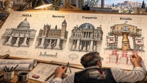 Πολιτικό σκίτσο με σχεδιαστήριο όπου συγκρίνονται τα στιβαρά κτίρια τριών κρατών με το εύθραυστο ελληνικό κτίσμα.
