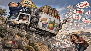 Φορτηγό τροφοδοτείται με νομίσματα φόρων και βγάζει ακριβά καρτελάκια στο καρότσι του καταναλωτή.
