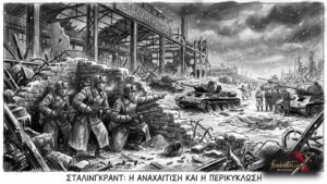 Δραματική σκηνή μάχης μέσα στα ερείπια του Στάλινγκραντ με χιόνι και καπνό