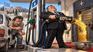 Ένας πολίτης γεμίζει το ρεζερβουάρ με σταγονόμετρο ενώ το κράτος ρουφάει τη βενζίνη με μάνικα.