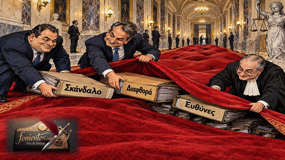 Γραβατωμένοι άνδρες σκουπίζουν λαμπερούς φακέλους με την ένδειξη «Σκάνδαλα» κάτω από ένα τεράστιο, κόκκινο χαλί.