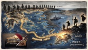 Σκίτσο με το Καστελλόριζο και την ελληνική σημαία να ενώνει το νησί με την ηπειρωτική χώρα.
