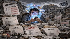 Πολίτης που κοιτάζει μαγεμένος μια φωτεινή οθόνη κινητού, ενώ γύρω του στοιβάζονται λογαριασμοί και ειδοποιητήρια φόρων.