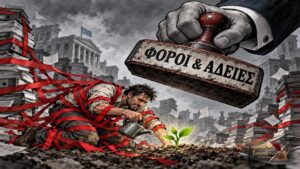 Πολίτης προσπαθεί να φροντίσει ένα μικρό φυτό, ενώ ένα τεράστιο χέρι με γραφειοκρατική σφραγίδα ετοιμάζεται να το συνθλίψει.