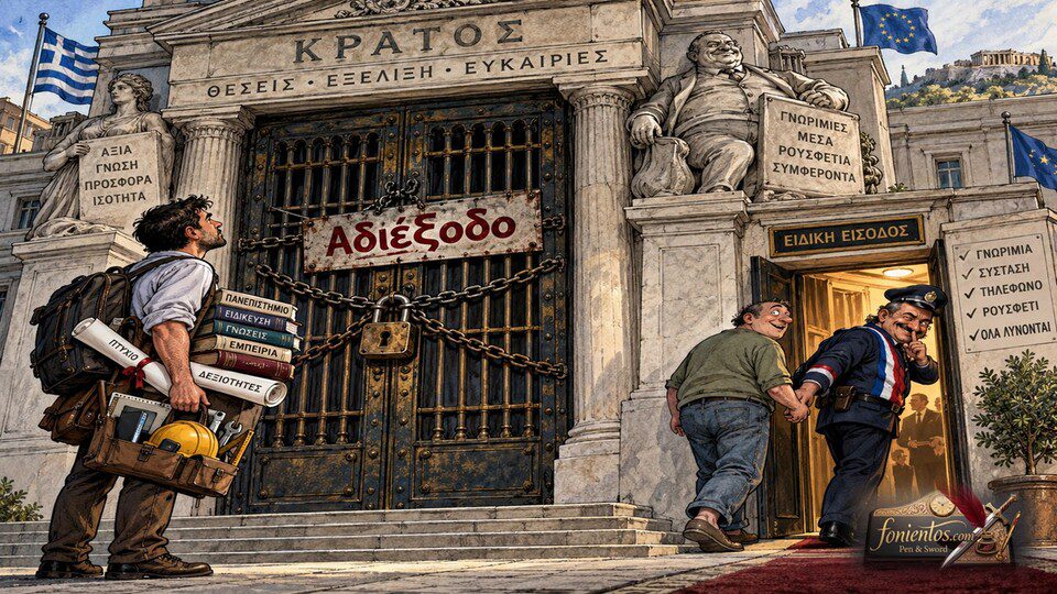 Ένας άνθρωπος με πτυχία σταματά μπροστά σε κλειστή πόρτα, ενώ ένας άλλος χωρίς προσόντα περνάει από πλαϊνή πόρτα με τη βοήθεια ενός κομματάρχη.