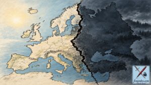Ένας χάρτης της Ευρώπης χωρισμένος στα δύο με μια συμβολική σκιά ή ρωγμή στη μέση.