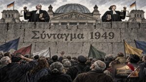 Πολιτικό σκίτσο με το γερμανικό Κοινοβούλιο προστατευμένο πίσω από το πέτρινο τείχος του Συντάγματος του 1949.
