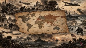 Ένα κολάζ που συνδυάζει στοιχεία από τον Β' Παγκόσμιο Πόλεμο, όπως παλιούς χάρτες, αεροπλάνα και σιλουέτες στρατιωτών.