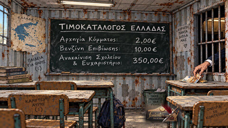 Σατιρικό σκίτσο με σχολικό κοντέινερ και μαυροπίνακα που αναγράφει τον τιμοκατάλογο της ελληνικής πολιτικής πραγματικότητας.