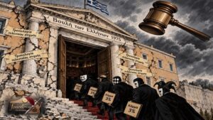 Πολιτικό σκίτσο με το κτίριο της Βουλής του 1975 με ανοιχτή πόρτα και πρόχειρες τροπολογίες.