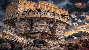 Σατιρικό σκίτσο με πολιτικούς της Μεταπολίτευσης να μοιράζουν υποσχέσεις πάνω σε σαθρά θεμέλια χρέους