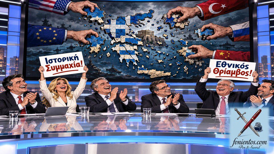 Αναλυτές σε τηλεοπτικό στούντιο χειροκροτούν μπροστά σε έναν χάρτη που κόβεται σε κομμάτια.