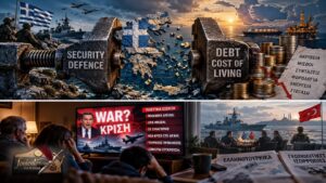 Α Κολάζ: Μέγγενη συνθλίβει τον χάρτη της Ελλάδας μεταξύ άμυνας και χρέους. Από κάτω, οικογένεια βλέπει τρομολαγνικό δελτίο ειδήσεων, ενώ δίπλα διεξάγεται ελληνοτουρκικός διάλογος.