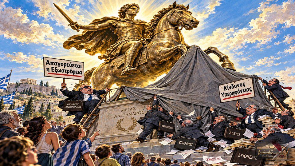 Μικροκαμωμένοι, γραφειοκράτες με κοστούμια προσπαθούν να κρύψουν με ένα σεντόνι ένα τεράστιο, ένδοξο άγαλμα του Μεγάλου Αλεξάνδρου.
