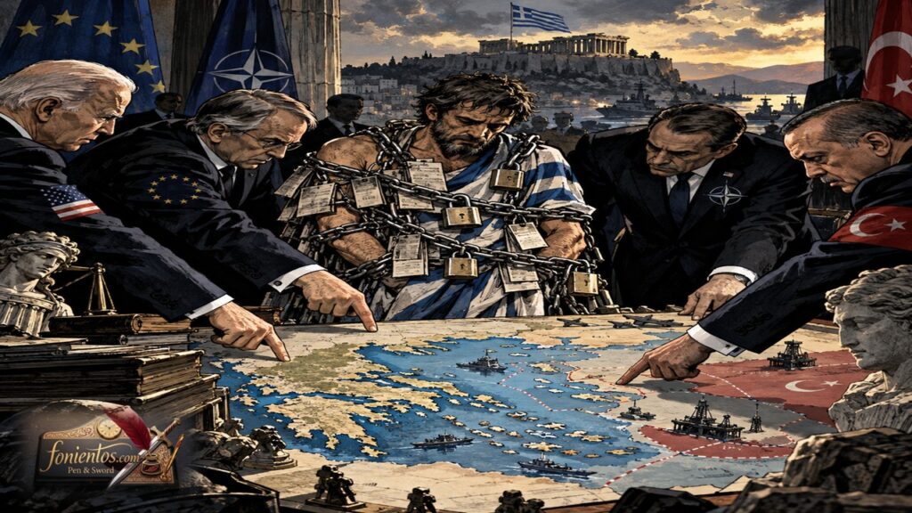 Πολίτης δεμένος με αλυσίδες μπροστά σε ξένο παράγοντα.