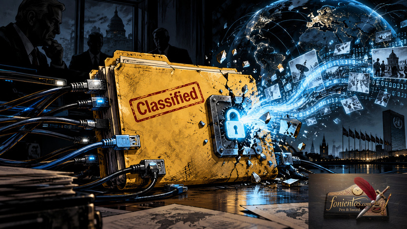 Ένας φάκελος με τη λέξη Classified και μια ψηφιακή κλειδαριά που σπάει.