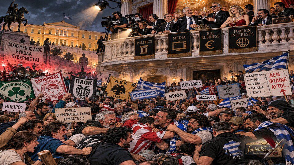 Άνθρωποι από τη βάση τσακώνονται άγρια μεταξύ τους, ενώ από ένα μπαλκόνι από πάνω τους η ελίτ τούς παρακολουθεί πίνοντας σαμπάνια.