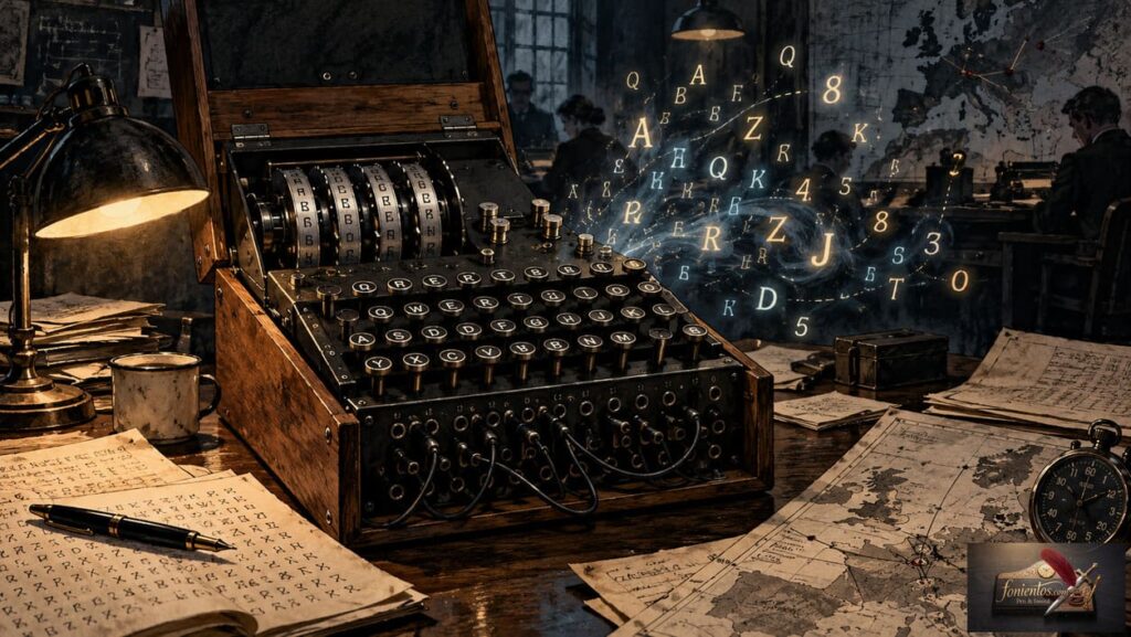 Μια vintage μηχανή Enigma με γραμμές κρυπτογραφημένου κώδικα στο φόντο.