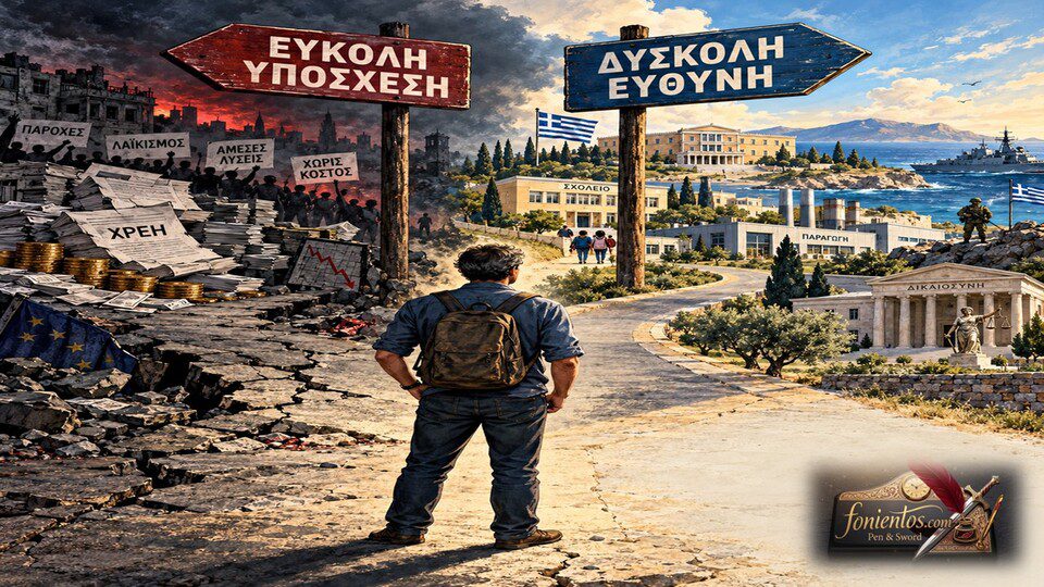 Πολίτης σε σταυροδρόμι επιλέγει ανάμεσα στον καταστροφικό δρόμο της ΕΥΚΟΛΗΣ ΥΠΟΣΧΕΣΗΣ και στον δημιουργικό δρόμο της ΔΥΣΚΟΛΗΣ ΕΥΘΥΝΗΣ.