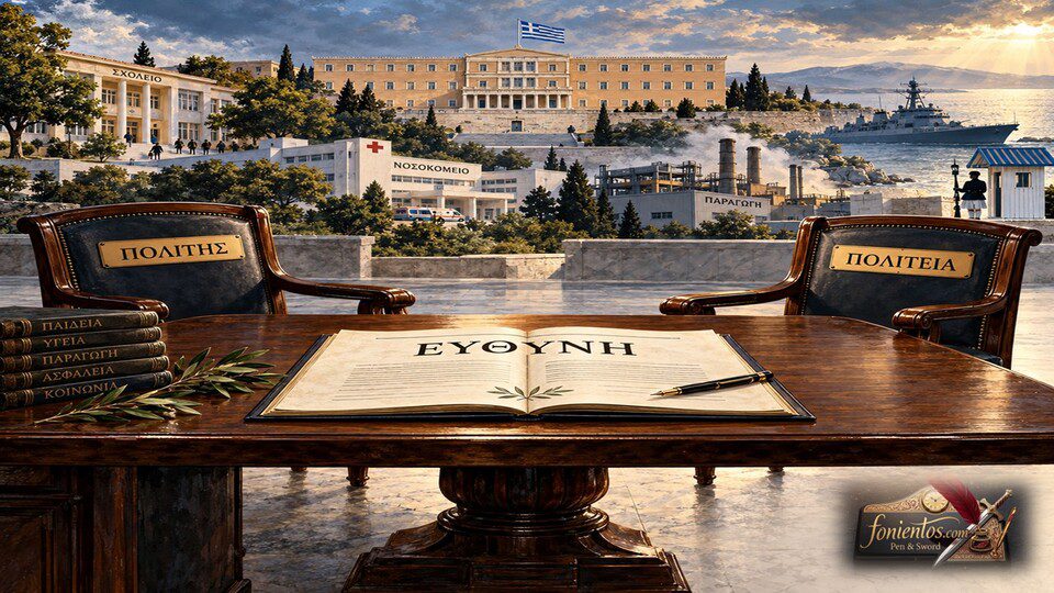 Τραπέζι με βιβλίο ΕΥΘΥΝΗ, ανάμεσα σε δύο καρέκλες που γράφουν ΠΟΛΙΤΗΣ και ΠΟΛΙΤΕΙΑ. Στο φόντο η Βουλή, ένα σχολείο, νοσοκομείο και εργοστάσιο.