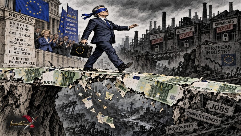 Γραφειοκράτης με κλειστά μάτια περπατά πάνω σε γέφυρα από ευρώ που καταρρέει.