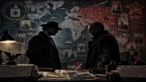 Σκιώδεις φιγούρες πρακτόρων μπροστά σε έναν παγκόσμιο χάρτη με φωτεινές συνδέσεις δικτύων.
