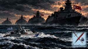 Μικρό σκάφος λιμενικού μπροστά σε πολεμική φρεγάτα.