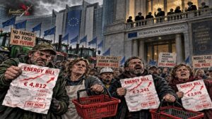 Πλήθος οργισμένων αγροτών και εργατών έξω από πολυτελές κυβερνητικό κτίριο.