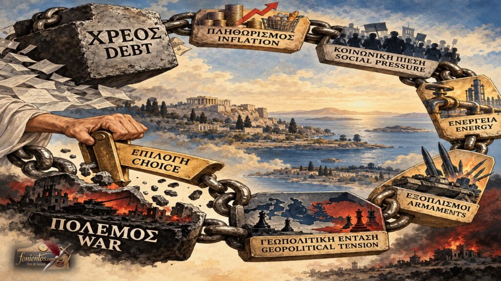 Κυκλική αλυσίδα με τους κρίκους: Χρέος, Πληθωρισμός, Κοινωνική Πίεση, Ενέργεια, Εξοπλισμοί, Ένταση, Πόλεμος. Ένα χέρι κατεβάζει τον μοχλό "Επιλογή" και τη σπάει.