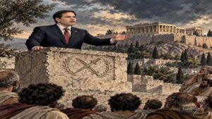 Σκίτσο του Μάρκο Ρούμπιο στο αρχαίο βήμα της Πνύκας με φόντο την Ακρόπολη.