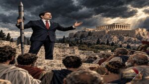 Σκίτσο του Μάρκο Ρούμπιο στην Πνύκα να κρατάει πύραυλο αντί για δόρυ.