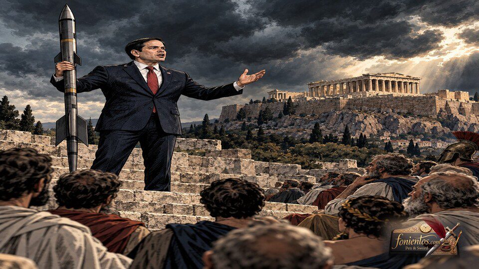 Σκίτσο του Μάρκο Ρούμπιο στην Πνύκα να κρατάει πύραυλο αντί για δόρυ.