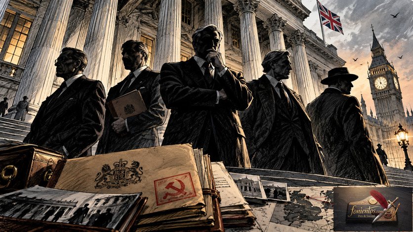 Πέντε σκιώδεις φιγούρες με κομψά κοστούμια έξω από ένα επιβλητικό κυβερνητικό κτίριο.