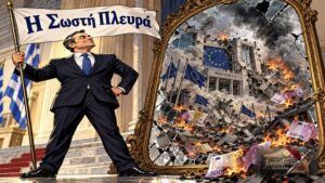 Έλληνας πολιτικός κοιτάζει έναν σπασμένο ευρωπαϊκό καθρέφτη που δείχνει ερείπια.