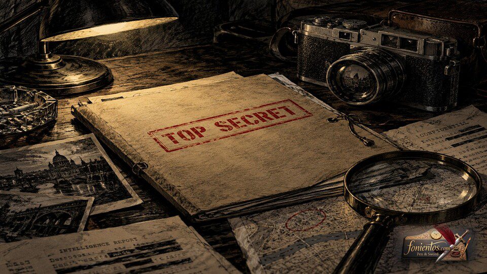 Απόρρητος φάκελος Top Secret πάνω σε γραφείο με vintage φωτογραφική μηχανή και μεγεθυντικό φακό.