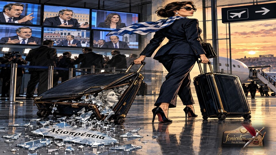 Βαλίτσες αναχώρησης από τις οποίες πέφτουν σπασμένα κομμάτια.