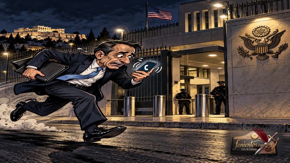 Έλληνας πολιτικός τρέχει λαχανιασμένος κρατώντας κινητό τηλέφωνο.