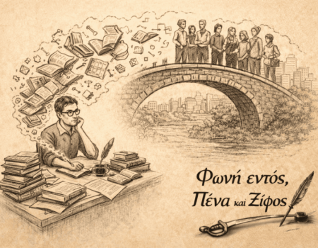 Ένας πολίτης που μελετά αυτόνομα, ενώ από το γραφείο του ξεκινά μια φωτεινή γέφυρα διαλόγου προς άλλους ανθρώπους.