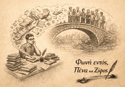 Ένας πολίτης που μελετά αυτόνομα, ενώ από το γραφείο του ξεκινά μια φωτεινή γέφυρα διαλόγου προς άλλους ανθρώπους.