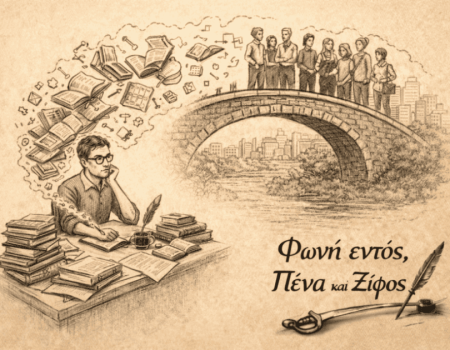 Ένας πολίτης που μελετά αυτόνομα, ενώ από το γραφείο του ξεκινά μια φωτεινή γέφυρα διαλόγου προς άλλους ανθρώπους.