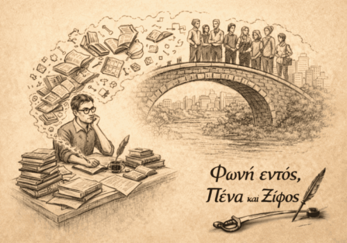 Ένας πολίτης που μελετά αυτόνομα, ενώ από το γραφείο του ξεκινά μια φωτεινή γέφυρα διαλόγου προς άλλους ανθρώπους.