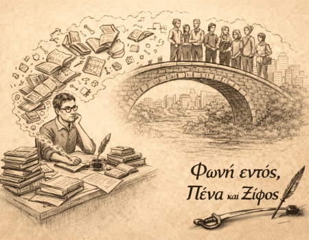 Ένας πολίτης που μελετά αυτόνομα, ενώ από το γραφείο του ξεκινά μια φωτεινή γέφυρα διαλόγου προς άλλους ανθρώπους.